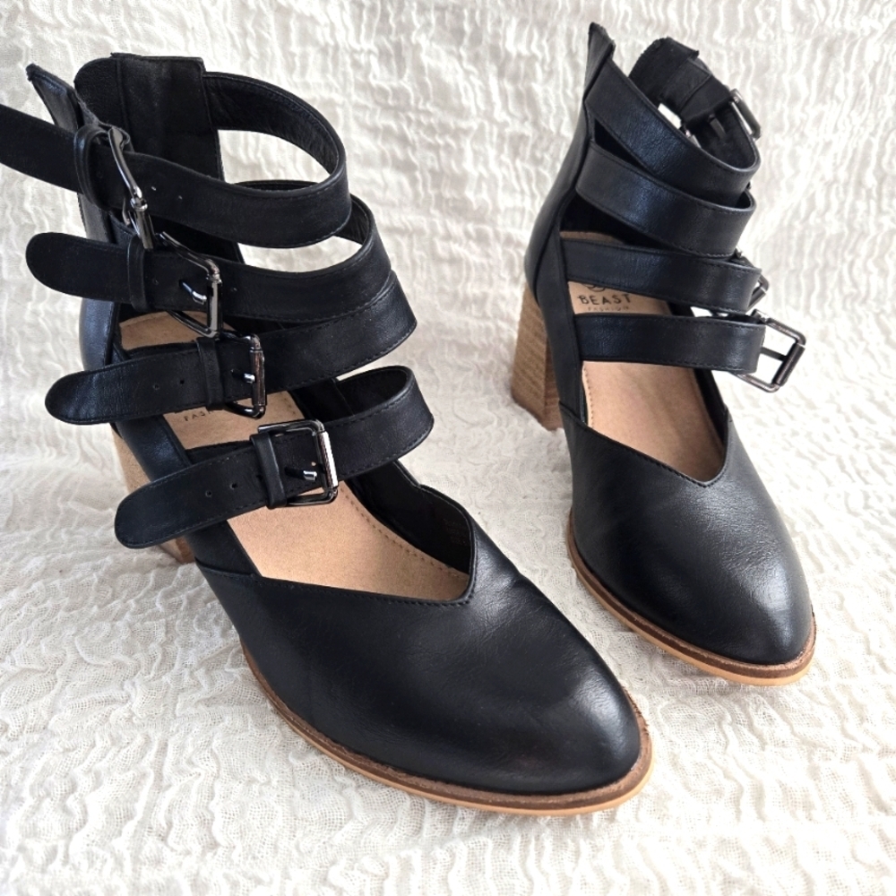 Women's Black Western Strappy Ankle Boots Buckle Cowgirl Block Heel Sz 6.5
